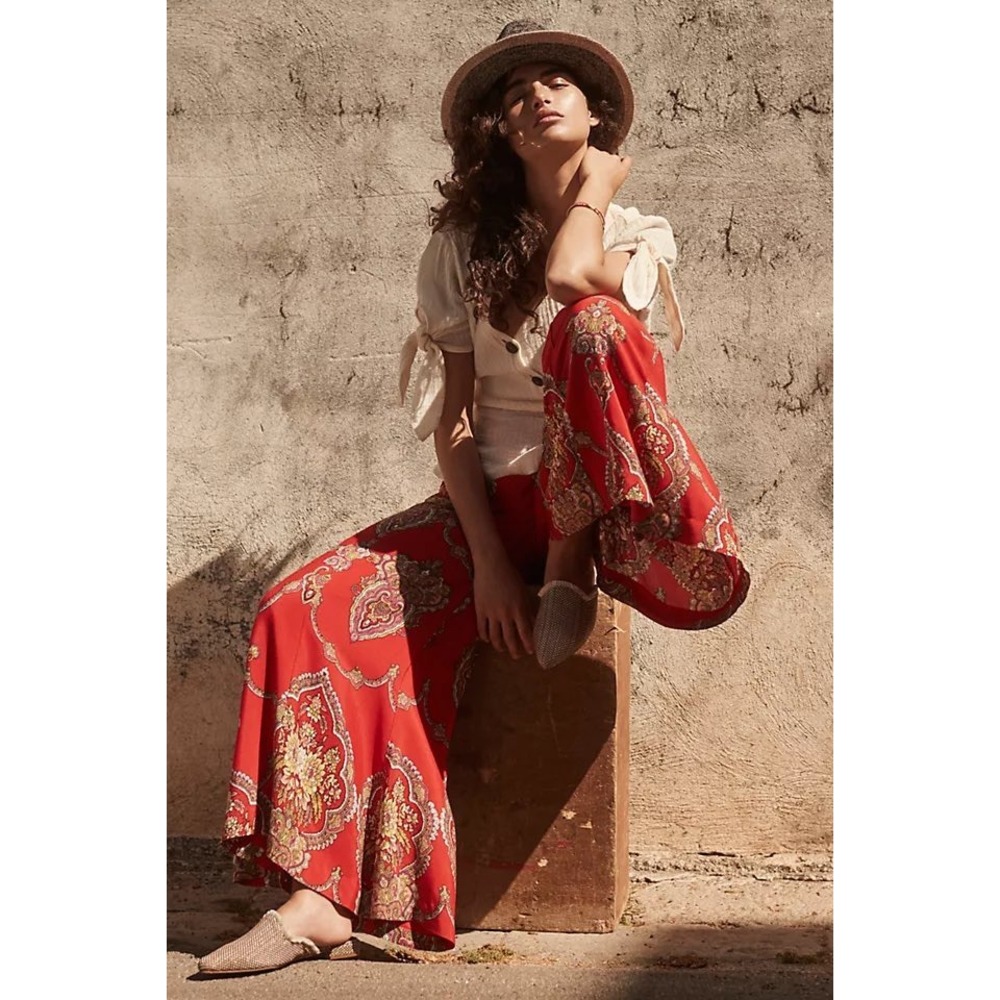 Anthropologie Ett:Twa Manon Red Wide‎ Leg Pants 0 Boho Festival Flared Trousers